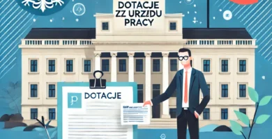Rysunek przedstawiający mężczyznę przed siedzibą główną w celu uzyskania dotacji