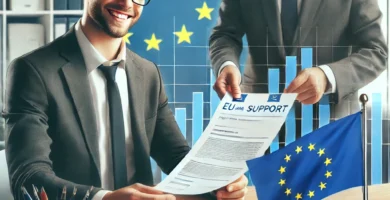 Zdjęcie mężczyzny otrzymującego pożyczkę na tle flagi Unii Europejskiej.