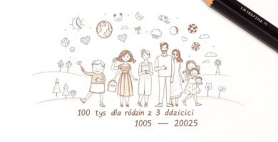 Obraz ołówkowy przedstawiający rodzinę obok tytułu artykułu na białym tle