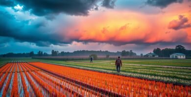Zdjęcie kilku pól uprawnych w Polsce z pięknym zachodem słońca