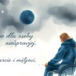 Akwarela przedstawiająca osobę na wózku inwalidzkim z polską flagą.