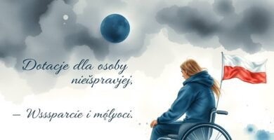 Akwarela przedstawiająca osobę na wózku inwalidzkim z polską flagą.