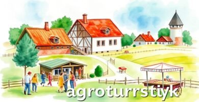 Obraz w stylu płótna przedstawiający farmę z rodzinami