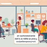 Rysunek przedstawiający grupę osób w urzędzie pracy