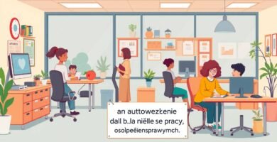 Rysunek przedstawiający grupę osób w urzędzie pracy