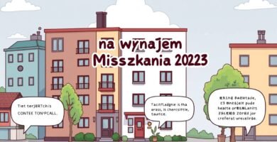 Komiksowy obraz kompleksu apartamentowego obok tytułu artykułu w kolorze niebieskim