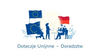 Obraz na białym tle przedstawiający dwie grupy ludzi, jedna z flagą Unii Europejskiej, a druga z flagą Polski.