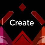 Czarne tło obrazu z kolorowymi symbolami i angielskim słowem „create” w środku