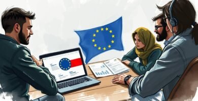 Obraz przedstawiający grupę ludzi wokół papierów z symbolem Unii Europejskiej