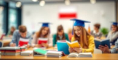 Zdjęcia grupy studentów na rozmytym tle