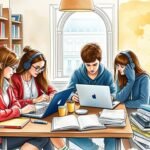 Obraz w stylu płótna przedstawiający grupę młodych ludzi studiujących