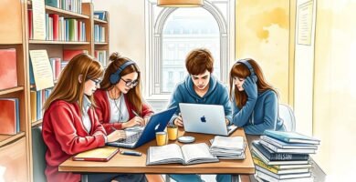 Obraz w stylu płótna przedstawiający grupę młodych ludzi studiujących