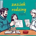 Rysunek z kreskówek przedstawiający rodzinę z wnioskiem o dotację