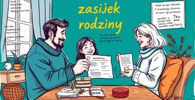 Rysunek z kreskówek przedstawiający rodzinę z wnioskiem o dotację