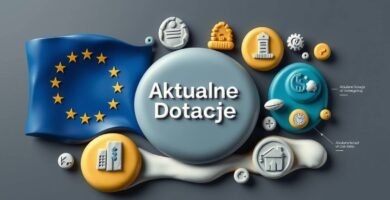 Obraz przedstawiający tytuł artykułu w okręgu, obok flagi Unii Europejskiej i symboli pieniędzy.