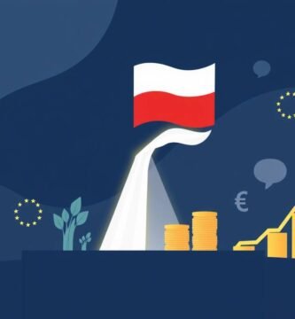 Obraz przedstawiający polską flagę obok wykresów giełdowych i symbolu pieniądza, wszystko na niebieskim tle.