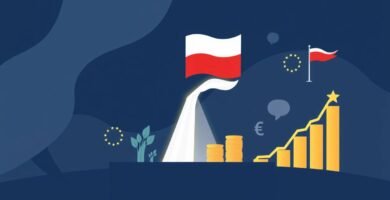 Obraz przedstawiający polską flagę obok wykresów giełdowych i symbolu pieniądza, wszystko na niebieskim tle.