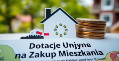 Obraz domu w stylu origami obok kilku monet i pod spodem tytuł artykułu o dotacjach