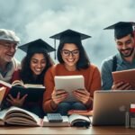 Obraz grupy studentów na tle przypominającym chmury na niebie