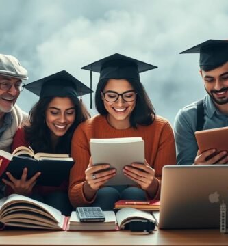 Obraz grupy studentów na tle przypominającym chmury na niebie