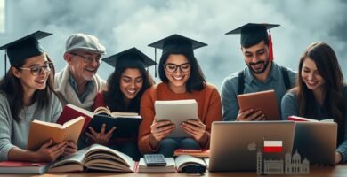 Obraz grupy studentów na tle przypominającym chmury na niebie