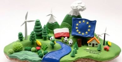 Obraz wykonany w stylu sztuki glinianej przedstawiający polski krajobraz obok flagi Polski i Unii Europejskiej.