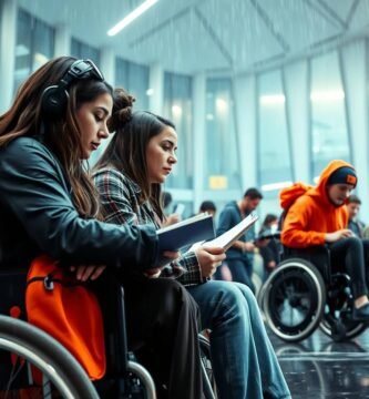 Zdjęcie przedstawiające dwójkę młodych ludzi na wózkach inwalidzkich czytających na stacji