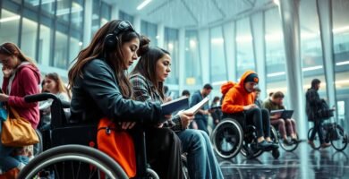 Zdjęcie przedstawiające dwójkę młodych ludzi na wózkach inwalidzkich czytających na stacji