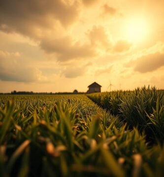 Ujęcie z góry pola uprawnego w Polsce o zachodzie słońca.