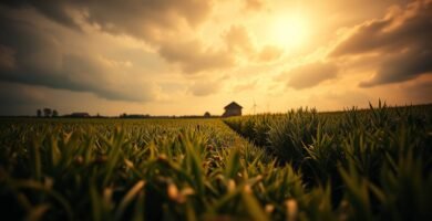 Ujęcie z góry pola uprawnego w Polsce o zachodzie słońca.