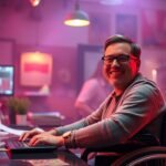 Obraz przedstawiający osobę na wózku inwalidzkim pracującą przy komputerze