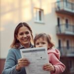 Obraz kobiety niosącej dziewczynkę i pokazującej dokument potwierdzający przyznanie grantu