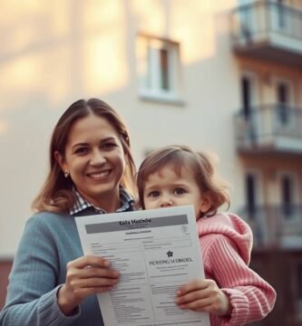 Obraz kobiety niosącej dziewczynkę i pokazującej dokument potwierdzający przyznanie grantu