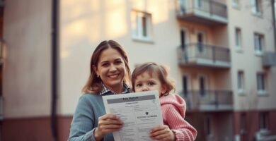 Obraz kobiety niosącej dziewczynkę i pokazującej dokument potwierdzający przyznanie grantu