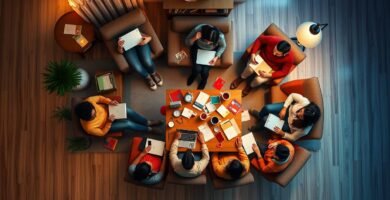 Widok od dołu na grupę studentów w pokoju w domu