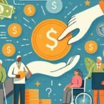 Rysunek przedstawiający osoby niepełnosprawne z innymi osobami niepełnosprawnymi i symbolem pieniędzy wokół nich.