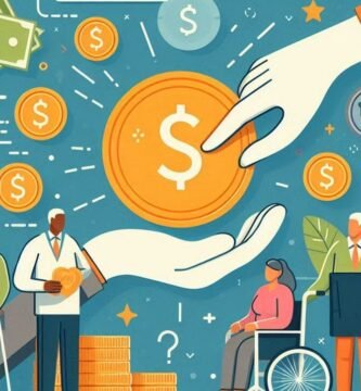 Rysunek przedstawiający osoby niepełnosprawne z innymi osobami niepełnosprawnymi i symbolem pieniędzy wokół nich.