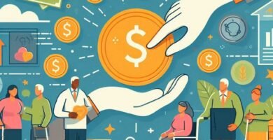 Rysunek przedstawiający osoby niepełnosprawne z innymi osobami niepełnosprawnymi i symbolem pieniędzy wokół nich.