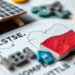 Obraz w stylu gliny przedstawiający elementy Polski obok paneli słonecznych i innych konstrukcji związanych z energią elektryczną.