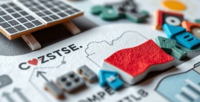 Obraz w stylu gliny przedstawiający elementy Polski obok paneli słonecznych i innych konstrukcji związanych z energią elektryczną.