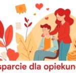 Obraz na płótnie przedstawiający kobietę opiekującą się osobą na wózku inwalidzkim. W środku znajduje się tytuł artykułu.