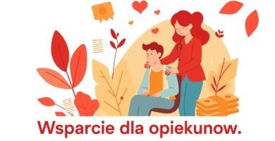 Obraz na płótnie przedstawiający kobietę opiekującą się osobą na wózku inwalidzkim. W środku znajduje się tytuł artykułu.