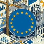 Obraz symbolu Unii Europejskiej w centrum, wokół elementów konstrukcyjnych i budynku