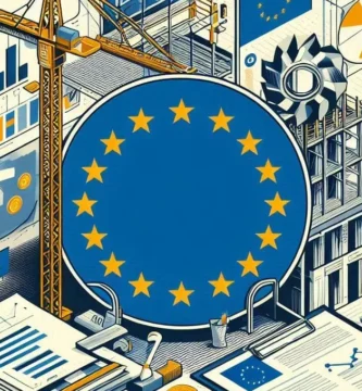 Obraz symbolu Unii Europejskiej w centrum, wokół elementów konstrukcyjnych i budynku