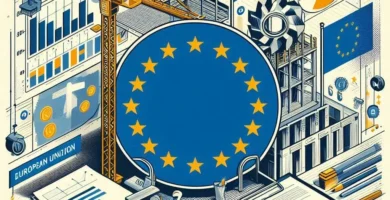 Obraz symbolu Unii Europejskiej w centrum, wokół elementów konstrukcyjnych i budynku