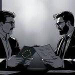 Czarno-biały obraz przedstawiający dwie rozmawiające osoby, jedna z nich trzyma dokument z flagą Unii Europejskiej.