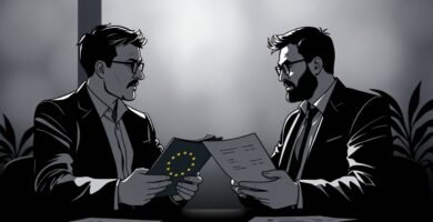 Czarno-biały obraz przedstawiający dwie rozmawiające osoby, jedna z nich trzyma dokument z flagą Unii Europejskiej.