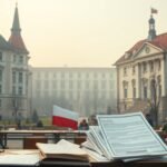 Na zdjęciu widać kilka polskich budynków w tle, obok studentów i dokumentów