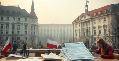 Na zdjęciu widać kilka polskich budynków w tle, obok studentów i dokumentów