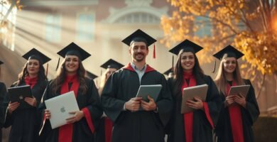 Zdjęcie grupy studentów kończących studia na tle uniwersytetu